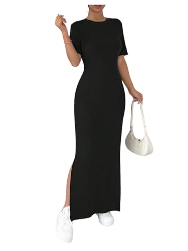 Women's Summer Dress Crew Neck Short Sleeve Split Casual Bodycon Long Dresses