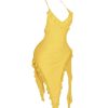 Women's Summer Halter Dress Sexy Deep V Neck Backless Ruffle Asymmetric Hem Bodycon Party Club Midi Dresses