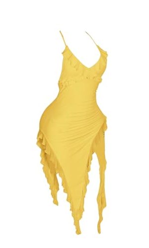 Women's Summer Halter Dress Sexy Deep V Neck Backless Ruffle Asymmetric Hem Bodycon Party Club Midi Dresses