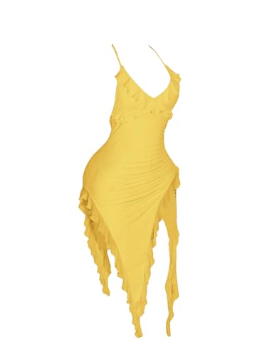 Women's Summer Halter Dress Sexy Deep V Neck Backless Ruffle Asymmetric Hem Bodycon Party Club Midi Dresses