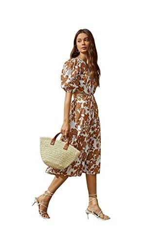Women's Boho Floral Puff Sleeve Cut Out Dress Tie Back A Line Midi Dresses