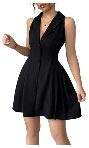 Women's Summer Mini Dress Button Down Sleeveless Collared V Neck Business Casual A Line Dresses