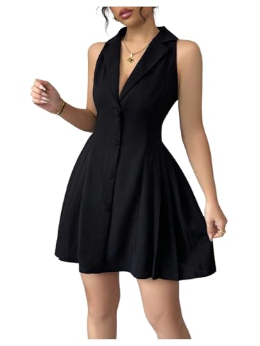 Women's Summer Mini Dress Button Down Sleeveless Collared V Neck Business Casual A Line Dresses