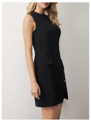 Women's Crew Neck Sleeveless Mini Dresses Split Button Elegant Formal Dresses