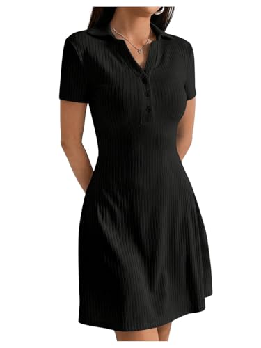 Women's V Neck Short Dresses Short Sleeve Collar Button A Line Dress Work Outfits