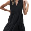 Women's Ruffle Beach Mini Dress Split V Neck A Line Sleeveless Geometric Stripe Tropical Leaf Pattern Summer Dresses