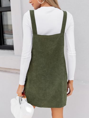 Women's Corduroy Overall Mini Fall Dress Square Neck Adjustable Straps Front Pocket Side Buttons Autumn Dresses