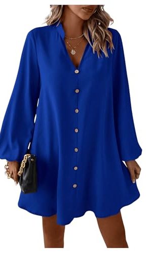 Women's V Neck Pullover Shirt Dress A Line Long Lantern Sleeve Flared Loose Mini Dresses