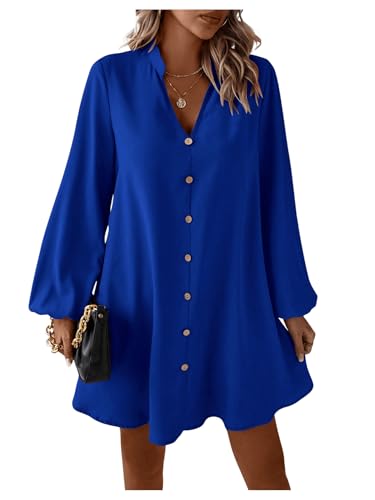 Women's V Neck Pullover Shirt Dress A Line Long Lantern Sleeve Flared Loose Mini Dresses