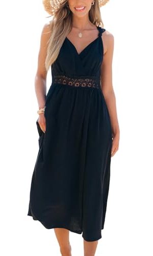 Women's Summer Casual Maxi Dress V Neck Sleeveless Contrast Lace Long Dress