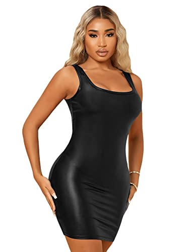 Women's Sleeveless Bodycon Tank Dress PU Leather Mini Dresses