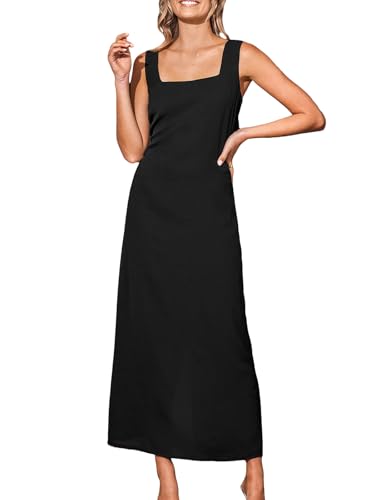 Women Backless Maxi Summer Dress Back Vent Square Neck Sleeveless A Line Casual Sundress Spring Semi Formal Dress