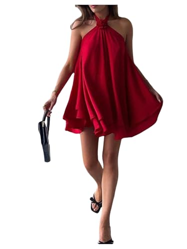 Women's Summer Halter Dress 3D Floral Ruffle Swing Flowy Beach Mini Dresses