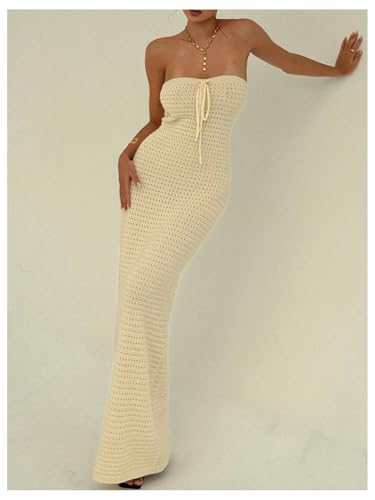 Women's Summer Crochet Tube Maxi Dress Tie Front Strapless Sleeveless Bodycon Knit Long Dresses