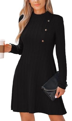 Women's Mini Dresses Round Neck Long Sleeve Textured Button Knit A Line Short Casual Fall Dresses