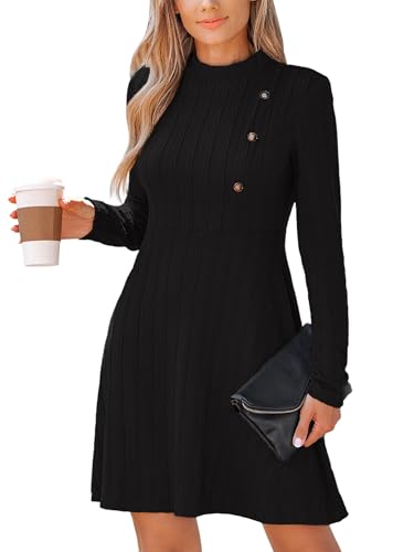 Women's Mini Dresses Round Neck Long Sleeve Textured Button Knit A Line Short Casual Fall Dresses