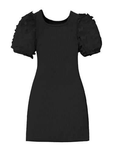 Girl's Appliques Mesh Puff Short Sleeve Bodycon Pencil Midi Dresses