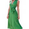Women's Midi Dress Plunging V Neck Belted Sleeveless Pleated A Line Beach Long Summer Dress