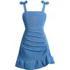 Girl's Sleeveless Ruched Ruffle Hem Denim Dress Bow Cute A Line Summer Dress
