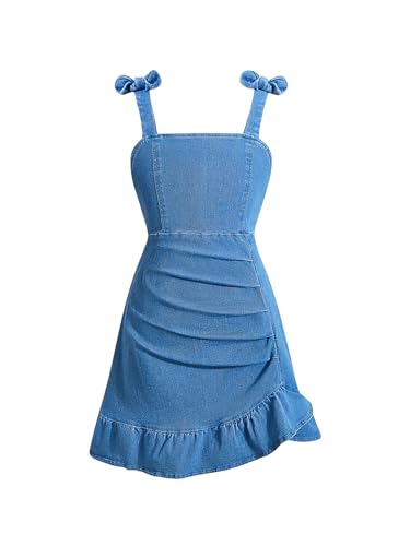 Girl's Sleeveless Ruched Ruffle Hem Denim Dress Bow Cute A Line Summer Dress