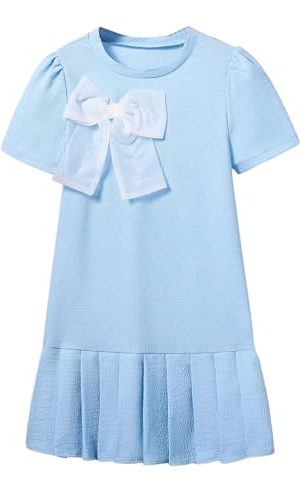 Girl's Bow Pleated Dress Puff Short Sleeve Crew Neck Summer Dresses