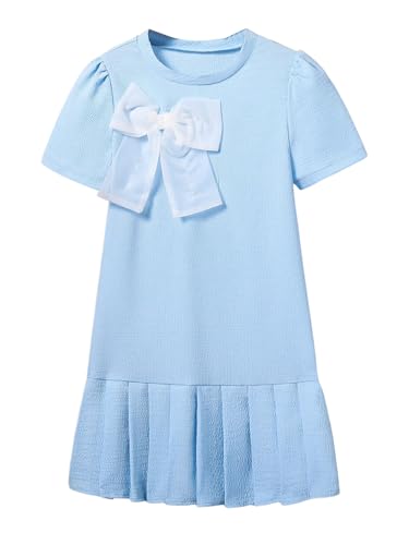 Girl's Bow Pleated Dress Puff Short Sleeve Crew Neck Summer Dresses