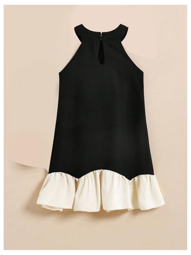Girl's Pearl Halter Dress Sleeveless Ruffle Hem Color Block Cute Birthday Midi Dresses