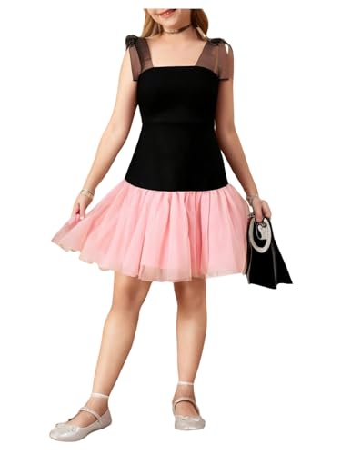 Girl's Color Block A Line Dresses Tie Shoulder Sleeveless Ruffle Summer Dress