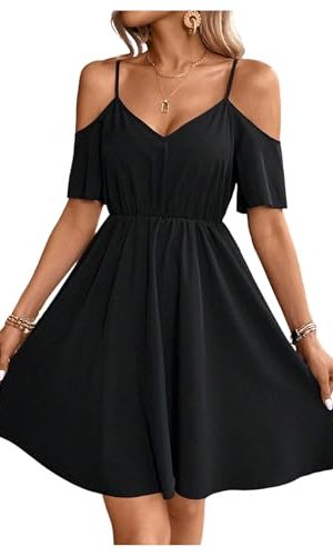 Women's Ruffle Cold Shoulder Dress Cut Out Short Sleeve A Line Summer Dresses