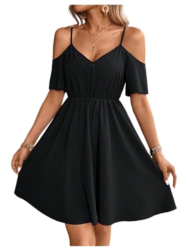 Women's Ruffle Cold Shoulder Dress Cut Out Short Sleeve A Line Summer Dresses