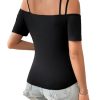 Women's Cut Out Top Cold Shoulder Short Sleeve Fitted Solid T Shirts