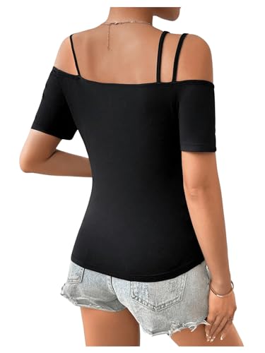 Women's Cut Out Top Cold Shoulder Short Sleeve Fitted Solid T Shirts