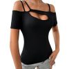 Women's Cut Out Top Cold Shoulder Short Sleeve Fitted Solid T Shirts