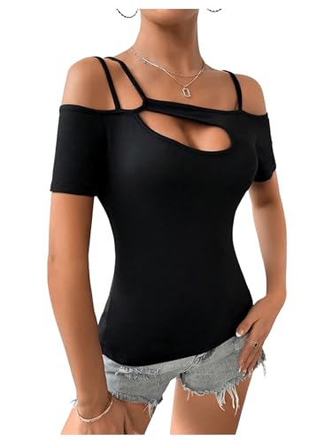 Women's Cut Out Top Cold Shoulder Short Sleeve Fitted Solid T Shirts