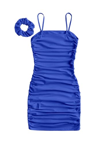Girl's Ruched Sleeveless Bodycon Pencil Cami Midi Dress with Hair Scrunchies
