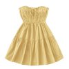 Women's Strapless Tube Mini Dress Sleeveless Shirred Tie Front Ruffle Hem A Line Summer Dresses