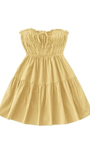 Women's Strapless Tube Mini Dress Sleeveless Shirred Tie Front Ruffle Hem A Line Summer Dresses