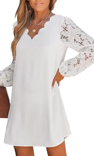 Women's Mini Dress Scalloped V Neck Lace Appliques Long Sleeve Loose Fit A Line Casual Dress