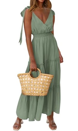 Women's Cross Neck Summer Sleeveless Tiered Maxi Dress Beach Tie Strap Smocked Long Dresses Pleated Sundress