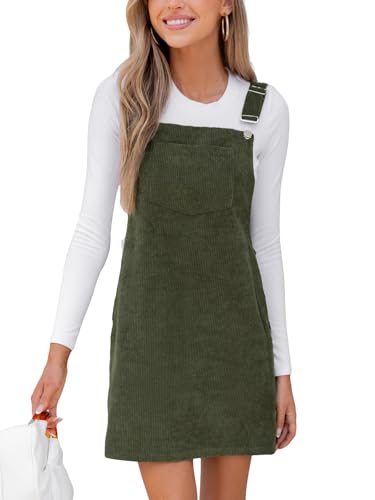 Women's Corduroy Overall Mini Fall Dress Square Neck Adjustable Straps Front Pocket Side Buttons Autumn Dresses