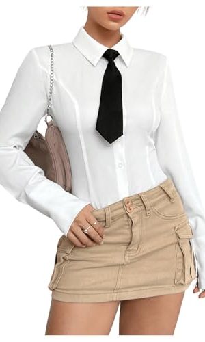Women's Button Down Long Sleeve Blouse Collared Slim Fit Dress Shirts with Tie