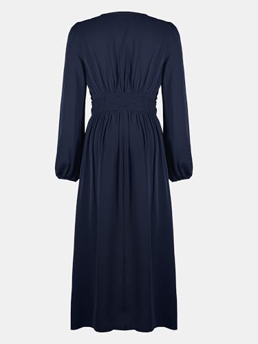 Fall Dresses for Women V Neck Long Sleeve Tunic Waist Slit Solid Color A Line Midi Casual Dress