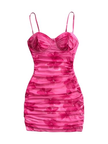 Women's Summer Floral Corset Dress Spaghetti Strap Ruched Mesh Bodycon Vacation Mini Dresses