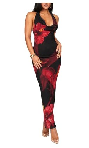 Women's Floral Halter Maxi Dress Draped Cowl Neck Backless Bodycon Wedding Guest Party Mesh Cocktail Long Dresses