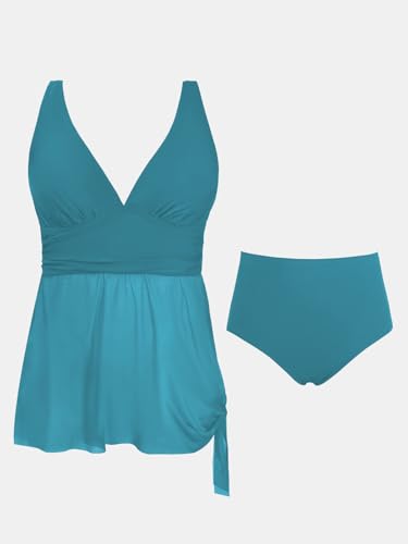 Women Tankini Sets Plus Size Two Piece Swimsuit High Waisted V Neck Mesh Ruched Self Tie Swim Dress