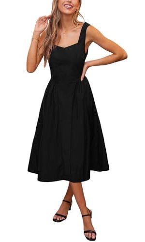 Women's Summer Sleeveless Midi Dress Square Neck Smocked Casual A Line Beach Sundress