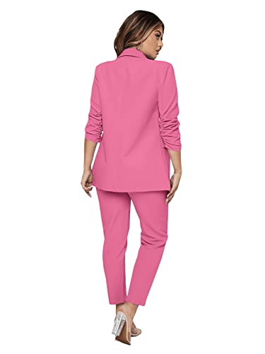 Women's 2 Piece Solid Ruched Sleeve Blazer and Pants Business Office Suit Set