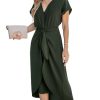 Women's V Neck Wrap Dress Twisted Slit Pleated Waist Tie Short Sleeve Summer Midi Dresses