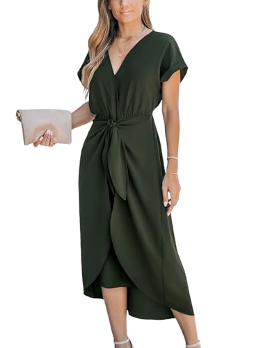 Women's V Neck Wrap Dress Twisted Slit Pleated Waist Tie Short Sleeve Summer Midi Dresses