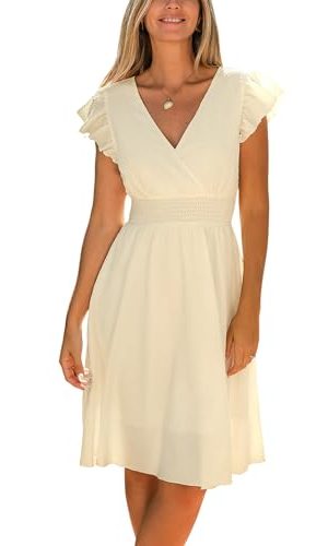 Women's Dress V Neck Flutter Sleeve Smocked Short A Line Casual Summer Knee Length Dress